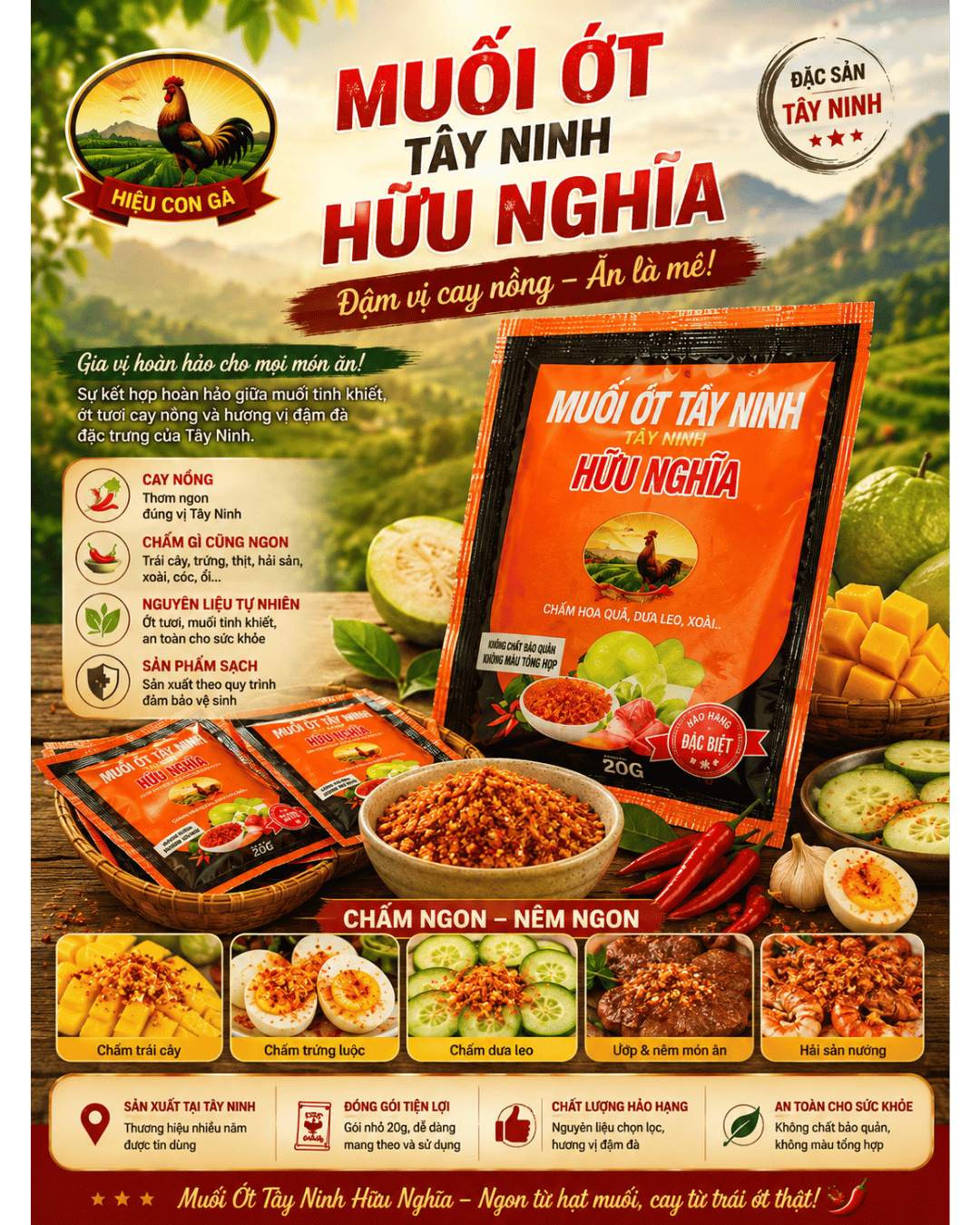 Muối Ớt Dây Tây Ninh Hữu Nghĩa – Hiệu Con Gà, 12 gói (240g)
