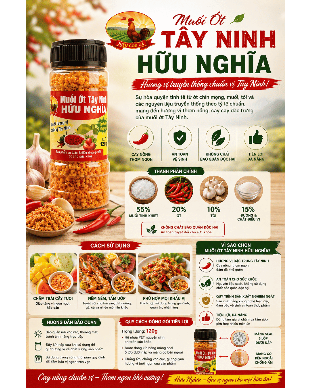 Muối Ớt Tây Ninh Hữu Nghĩa – Hiệu Con Gà 120g | Cay Thơm Đậm Vị, Chấm Trái Cây & Ướp Món
