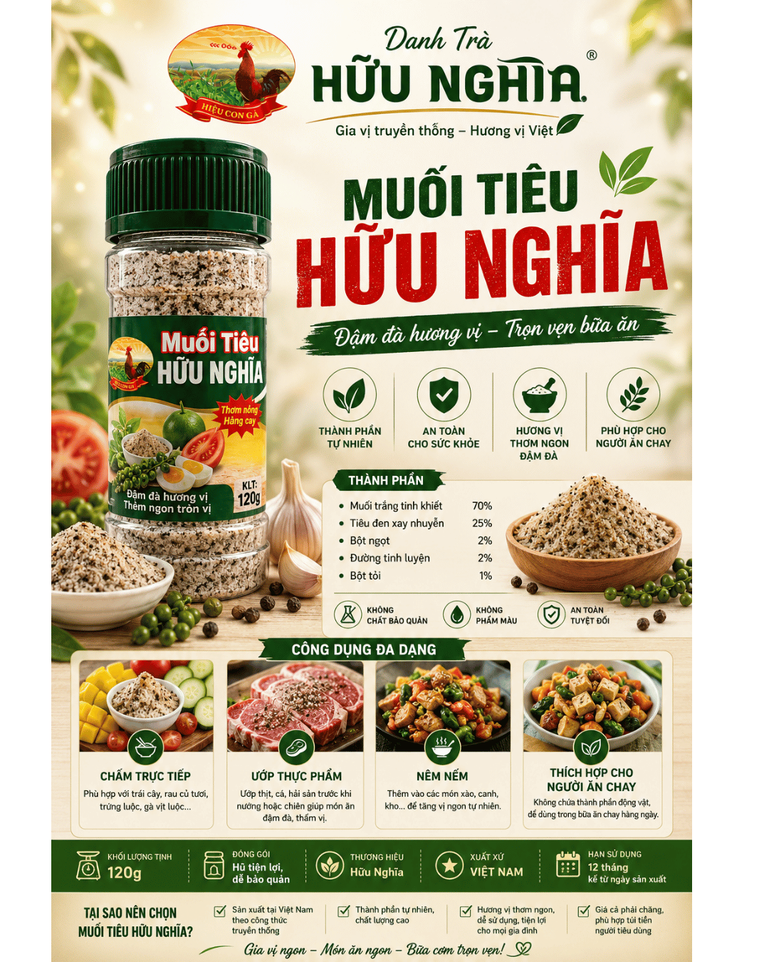 Muối Tiêu Hữu Nghĩa – Hiệu Con Gà 120g | Thơm Cay Đậm Vị, Chấm & Nêm Món Tiện Lợi