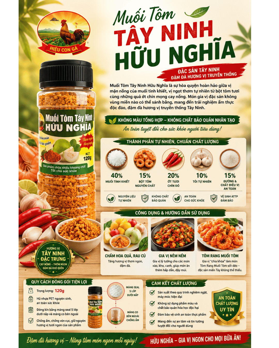 Muối Tôm Tây Ninh Hữu Nghĩa – Hiệu Con Gà 120g | Đậm Vị Tôm, Cay Thơm, Chấm Trái Cây & Nêm Món